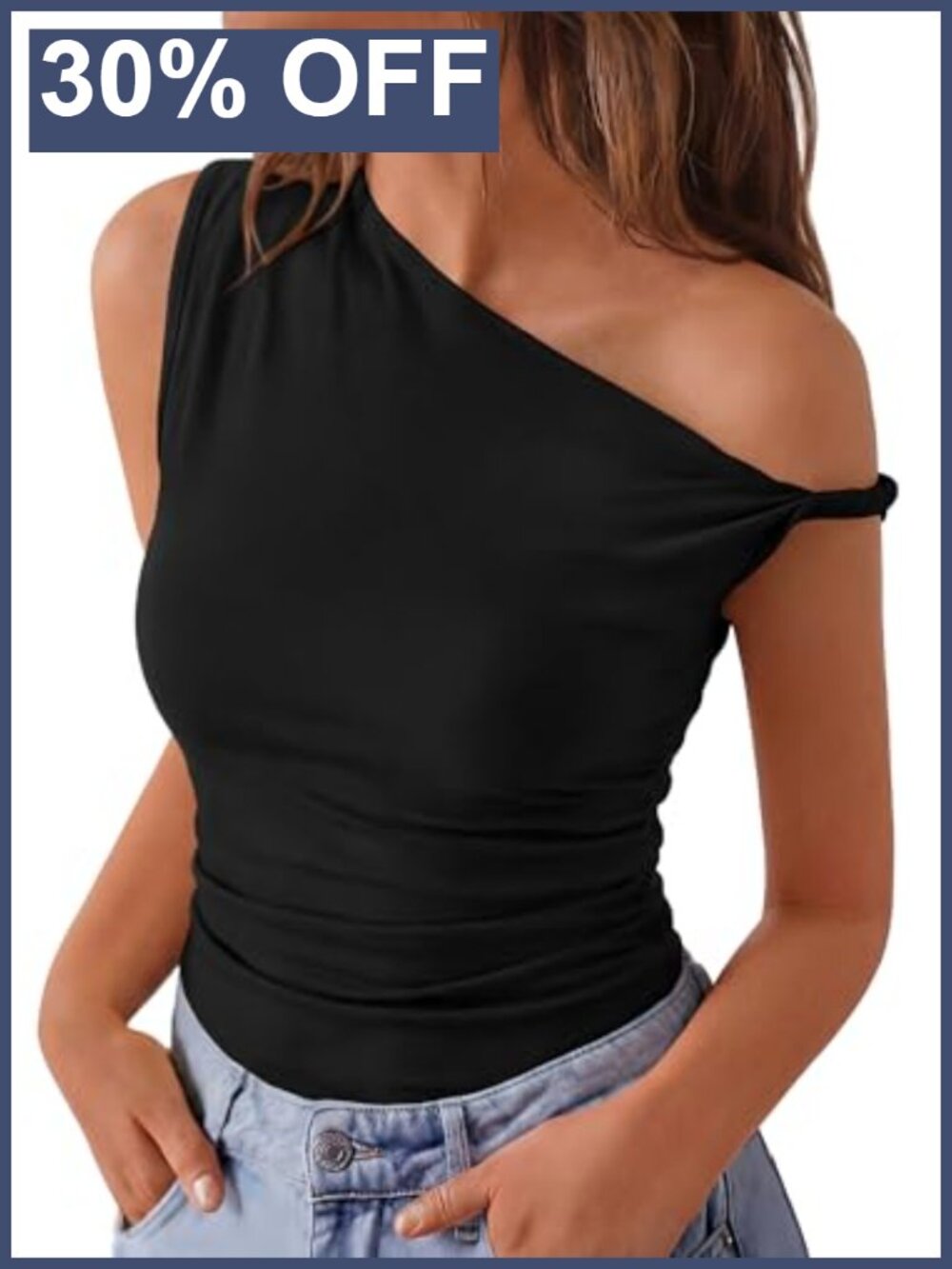 Off Shoulder Sleeveless Tank Top Women Stretchy Knit Lightweight Asymmetrical